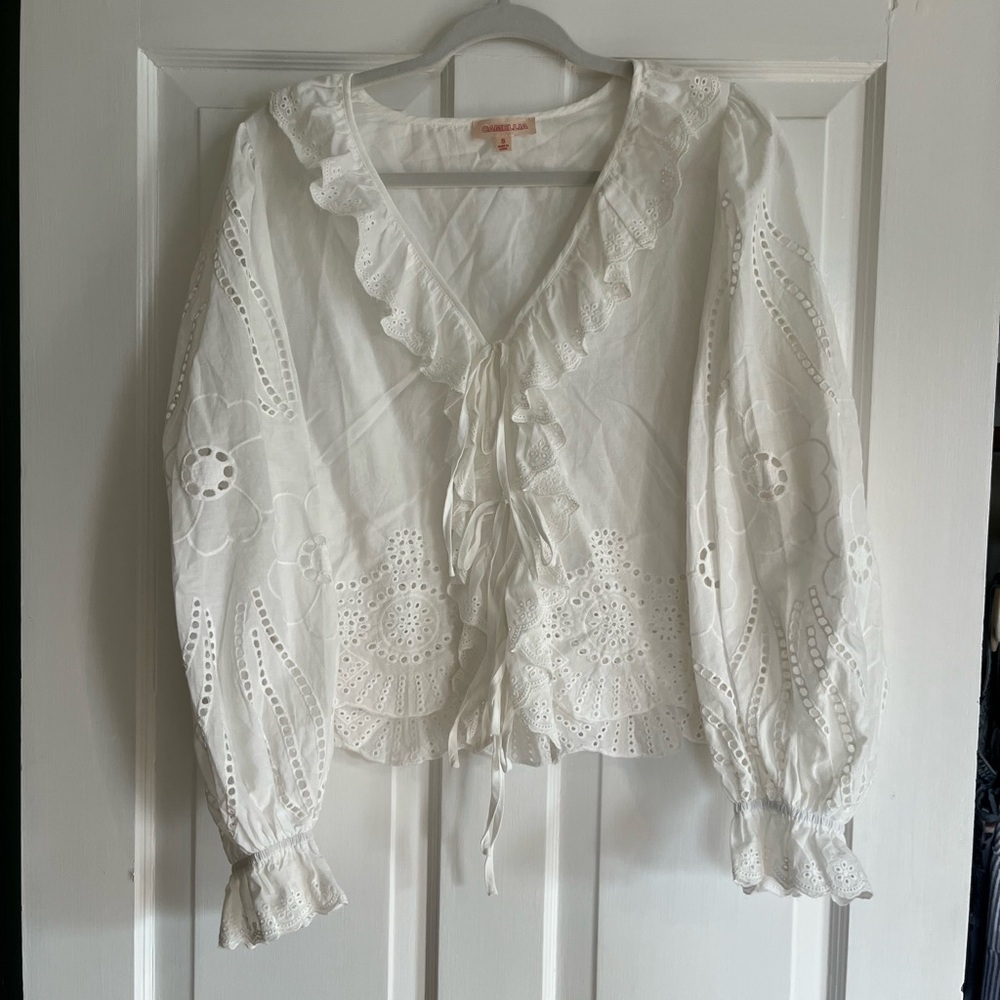 Embroidered White Eyelet Ruffle Tie-Front Blouse